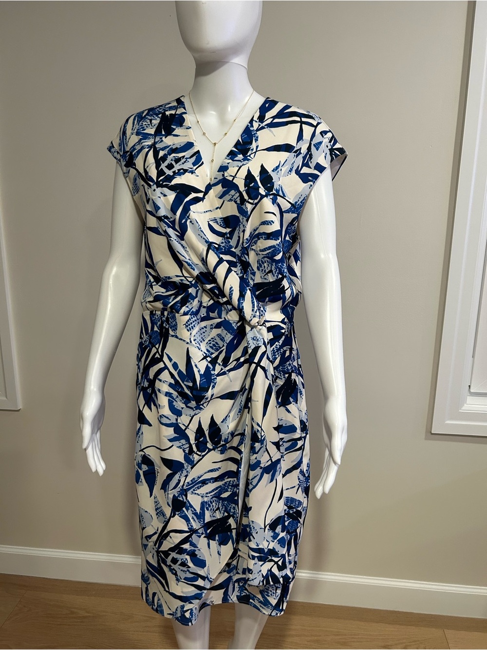 Marciano Blue and White Botanical Wrap Dress